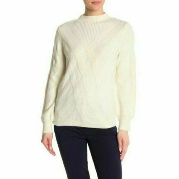 Joseph A Sweater Top XL Mock Neck Balloon Sleeve Rib Trim Ecru Ivory NWT B4 - Picture 1 of 6